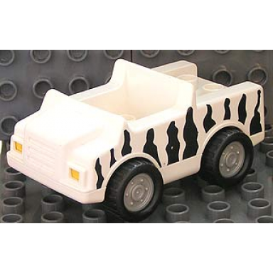 white duplo car with 2 x 2 studs and white base with pearl light gray wheels with black safari stripes pattern