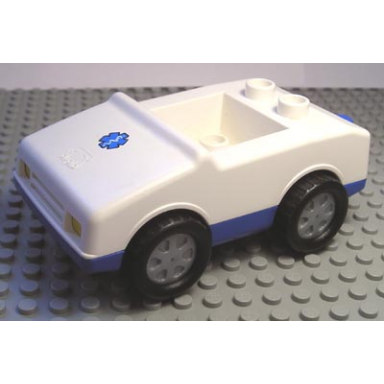 white duplo car with 1 x 2 studs with blue base and emt star of life pattern