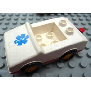 white duplo car with 1 x 2 studs with red base and blue emt star of life pattern