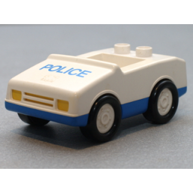 white duplo car with 1 x 2 studs with blue base and police pattern