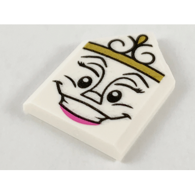 white tile modified 2 x 3 pentagonal with gold crown female face and dark pink bottom lip pattern