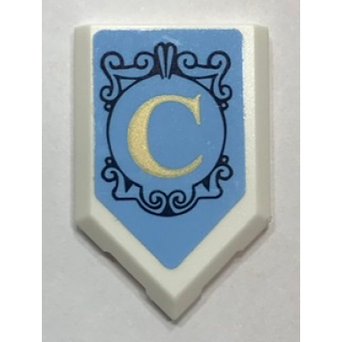 white tile modified 2 x 3 pentagonal with pearl gold letter c and dark blue emblem pattern sticker - set 41154