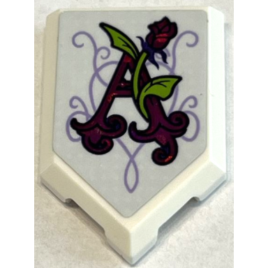 white tile modified 2 x 3 pentagonal with holographic magenta letter a rose with lime stems and leaves on lavender scrollwork pattern sticker - set 41162