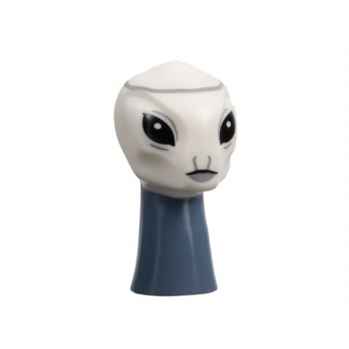 white minifigure head modified alien kaminoan with dark bluish gray stripe black eyes light bluish gray lips and sand blue neck pattern
