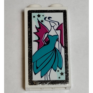 white brick 1 x 2 x 3 with woman wearing dark turquoise dress and magenta wings mirrored border pattern sticker - set 41344