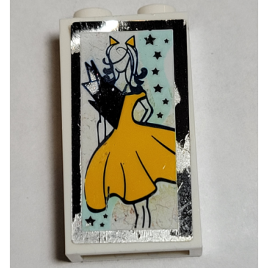 white brick 1 x 2 x 3 with woman wearing bright light orange dress and cat ears mirrored edge pattern sticker - set 41344