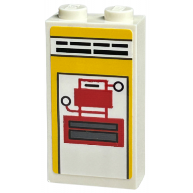brick 1 x 2 x 3 with red machine black circles and lines dark bluish gray rectangles on white and yellow background pattern sticker - sets 40528 40574