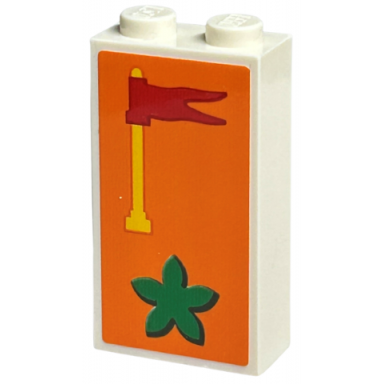 brick 1 x 2 x 3 with green duplo flower red flag and yellow antenna on orange background pattern sticker - set 40574