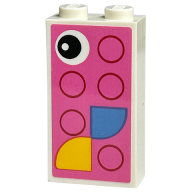 brick 1 x 2 x 3 with black eye yellow and medium blue quarter tiles and magenta circles on dark pink background pattern sticker - set 40574