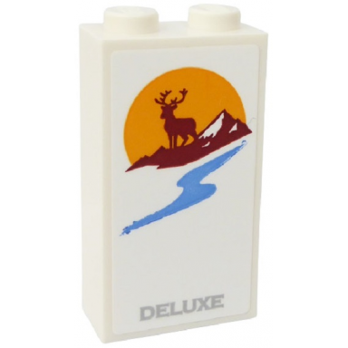 brick 1 x 2 x 3 with silver deluxe bright light orange sun medium blue river reddish brown deer and mountain pattern sticker - set 60283