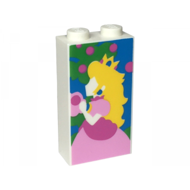brick 1 x 2 x 3 with bright green tree and princess peach with yellow hair and crown bright pink and dark pink dress on dark azure background pattern