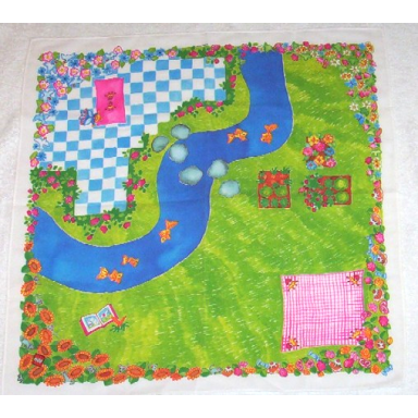 white belville cloth playmat 49cm x 49cm with flowers grass stream tile patio picnic blanket and book pattern