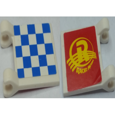 white flag 2 x 2 square with checkered blue pattern and yellow racer motors on red background pattern stickers - set 8161