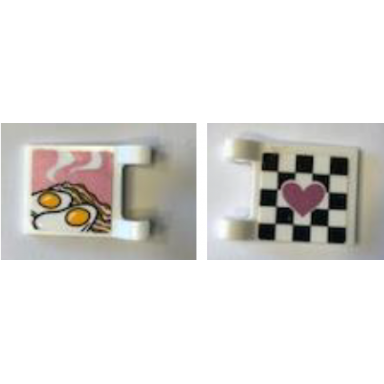 white flag 2 x 2 square with medium lavender heart on checkered background and fried eggs and bacon on reverse pattern stickers - set 41349