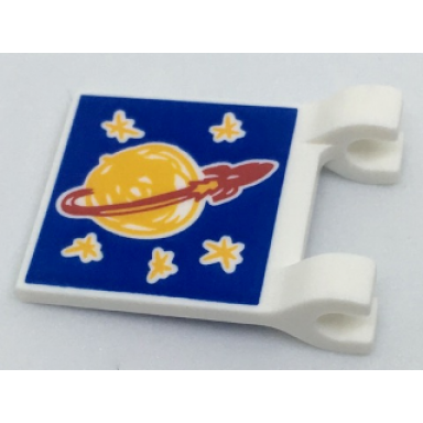 white flag 2 x 2 square with drawn classic space logo and 5 bright light orange stars on blue background pattern