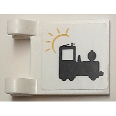 white flag 2 x 2 square with black train locomotive and yellow sun pattern sticker - set 40166