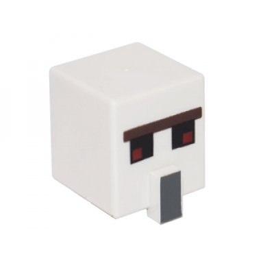 white minifigure head modified cube tall with raised rectangle with pixelated dark brown unibrow red and black eyes and dark bluish gray nose pattern minecraft iron golem