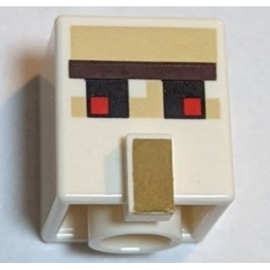 white minifigure head modified cube tall with raised rectangle with pixelated dark brown unibrow red and black eyes and dark tan nose pattern minecraft iron golem