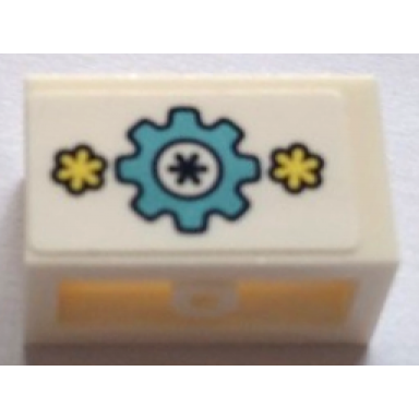 white panel 1 x 2 x 1 white with rounded corners and 2 sides with metallic light blue gear and bright light yellow flowers pattern sticker - set 41329