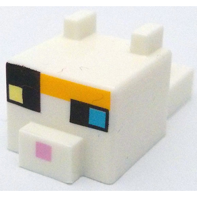 white creature head pixelated with ears nose and face with dark azure and bright light yellow eyes bright pink nose dark brown and bright light orange spots pattern minecraft calico cat