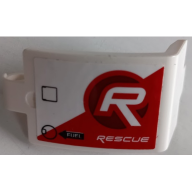 white technic panel curved 3 x 5 x 3 with rescue fuel on black arrow fuel inlet and hatch on red and white stripe pattern model left side sticker - set 42092