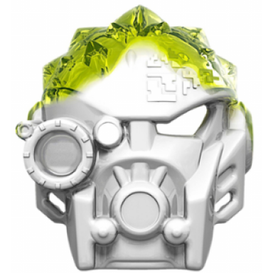 white bionicle mask of ice unity with marbled trans-neon green pattern