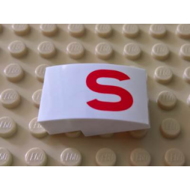 white slope curved 3 x 2 with red s pattern