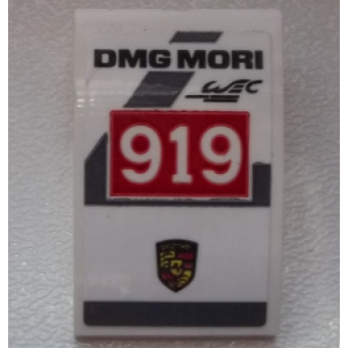 white slope curved 3 x 2 with black dmg mori and wec white 919 on red background and porsche logo pattern sticker - set 75876