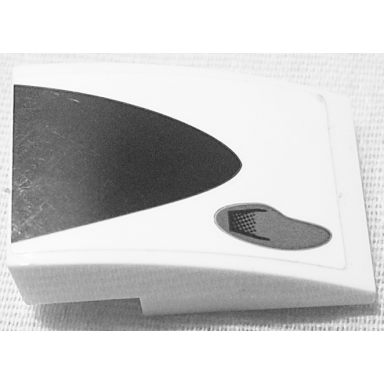 white slope curved 3 x 2 with black curled art and dark bluish gray exhaust port pattern model left side sticker - set 75887