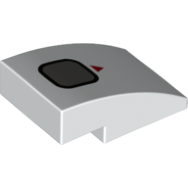 white slope curved 3 x 2 with red triangle and dark bluish gray rounded square with black border pattern