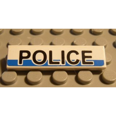 white tile 1 x 4 with black police on white and blue background pattern sticker - set 8252