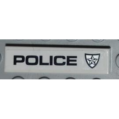 white tile 1 x 4 with black police and police silver star badge on white background pattern model left side sticker - set 8186