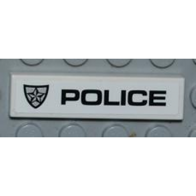 white tile 1 x 4 with police silver star badge and black police on white background pattern model right side sticker - set 8186