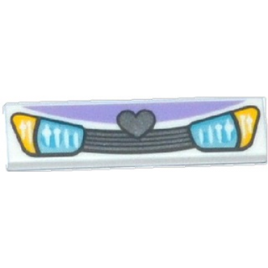 white tile 1 x 4 with blue headlights and grille with heart pattern