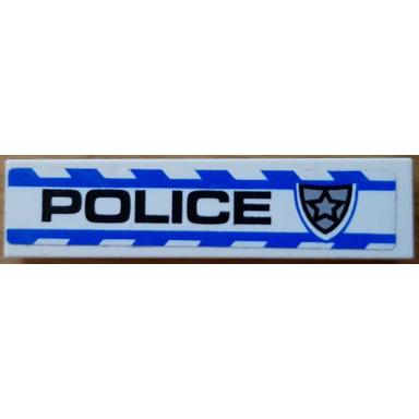 white tile 1 x 4 with black police and silver star badge and blue stripes pattern model right side sticker - set 8182