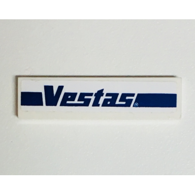 white tile 1 x 4 with dark blue vestas logo pattern sticker - set 9764