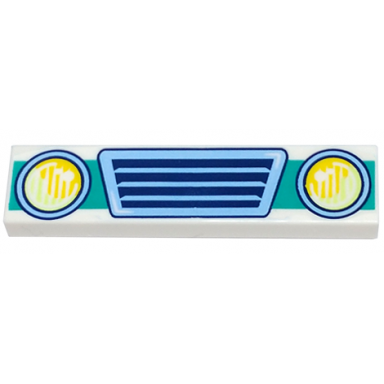 white tile 1 x 4 with bright light blue vehicle grille yellowish green and yellow headlights and dark turquoise bumper pattern