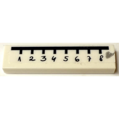 white tile 1 x 4 with ruler measuring tape with black numbers 1-8 and silver heart pattern sticker - set 41427