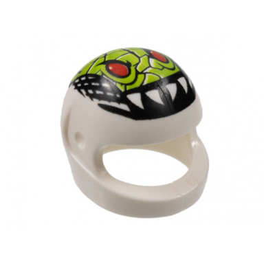 white minifigure headgear helmet motorcycle standard with lime reptile head with red eyes and sharp teeth pattern