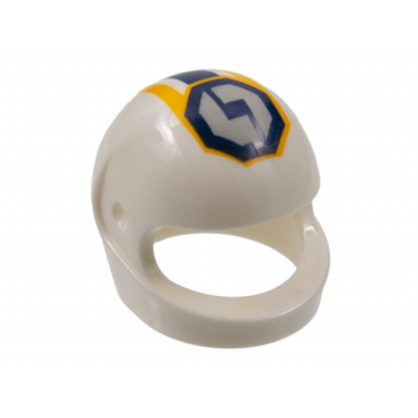 white minifigure headgear helmet motorcycle standard with gear racing team logo in octagon and dark blue stripe pattern