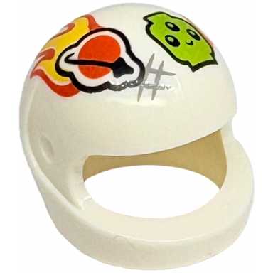 white minifigure headgear helmet motorcycle standard with reddish orange and black classic space logo arrow yellow flames lime alien head pattern