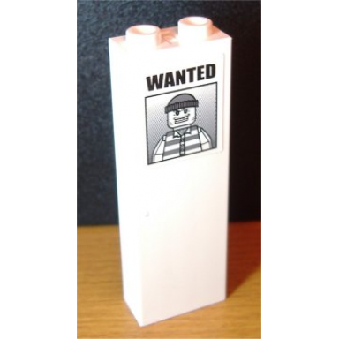 white brick 1 x 2 x 5 with wanted and minifigure with shirt with stripes pattern sticker - set 7237