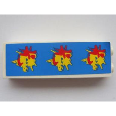 white brick 1 x 2 x 5 with 3 red asian characters on yellow splash and blue background pattern sticker - set 8161