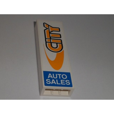 white brick 1 x 2 x 5 with bright light orange city and white auto sales on blue background pattern on both sides stickers - set 60097