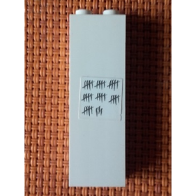 white brick 1 x 2 x 5 with black tally marks pattern sticker - set 7035
