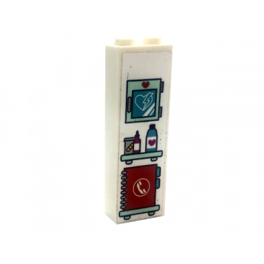 white brick 1 x 2 x 5 with medical cabinet shelf with bottles and telephone directory pattern sticker - set 41318