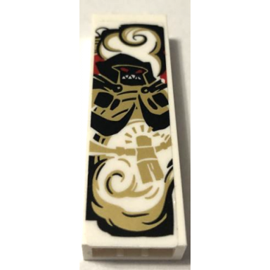 white brick 1 x 2 x 5 with black gold red and white ninja minifigure pattern sticker - set 70670