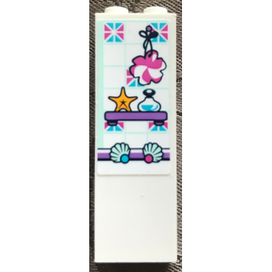 white brick 1 x 2 x 5 with tiles sponge yellow starfish shells and bottle on shelf pattern sticker - set 41347