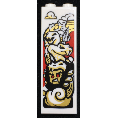 white brick 1 x 2 x 5 with black gold red and white ninja minifigure snake heads and clouds pattern sticker - set 70670