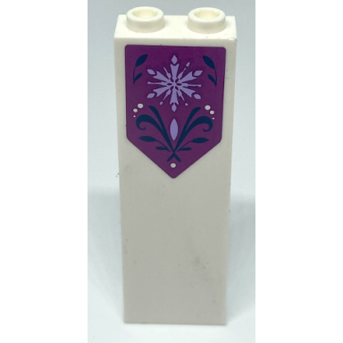 white brick 1 x 2 x 5 with lavender snowflake and dark blue leaves on magenta flag pattern sticker - sets 41148 43172